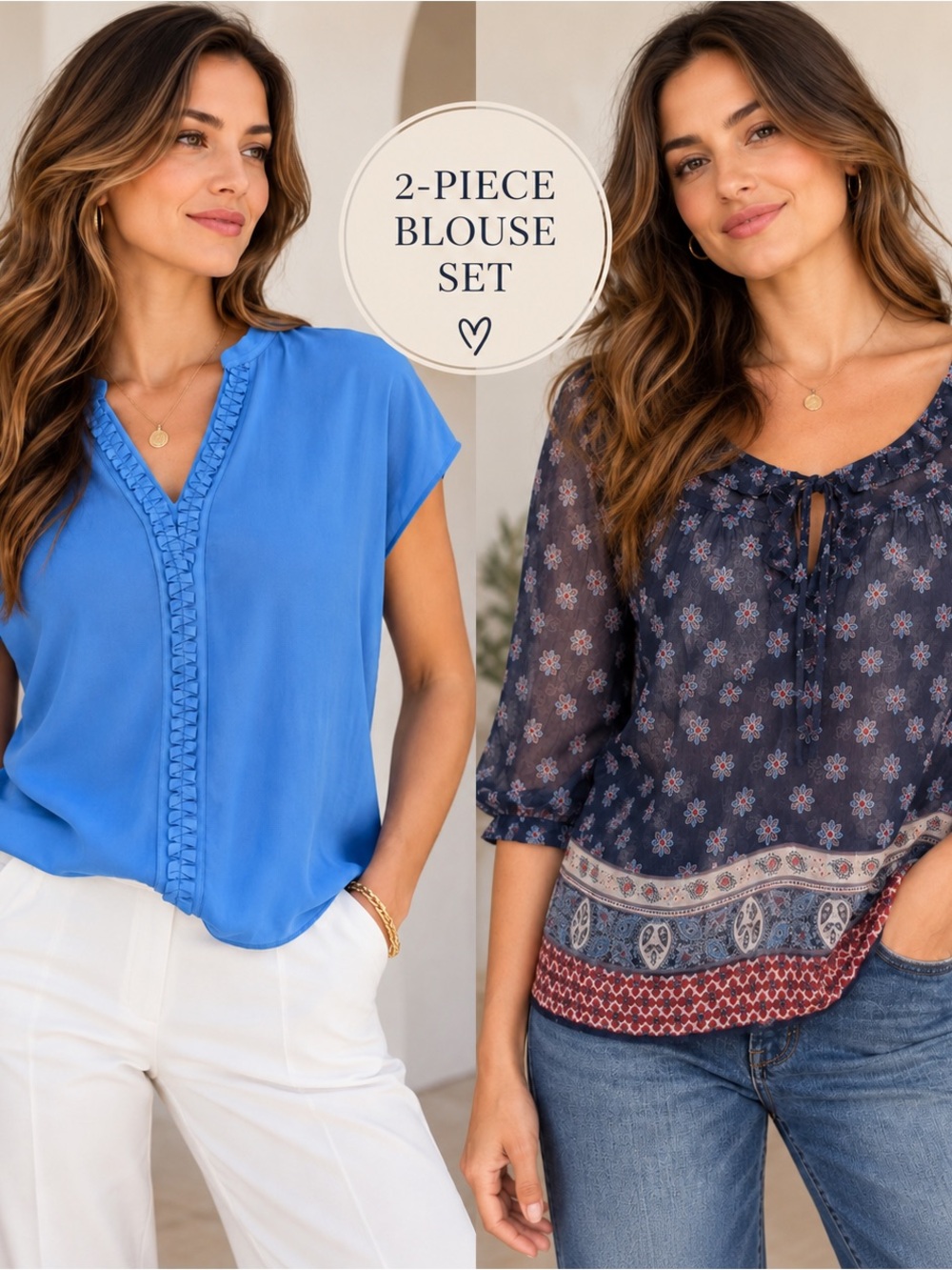 2-Piece Women’s Blouse Bundle Blue Ruffle & Floral Boho Tops Set Size S M Travel